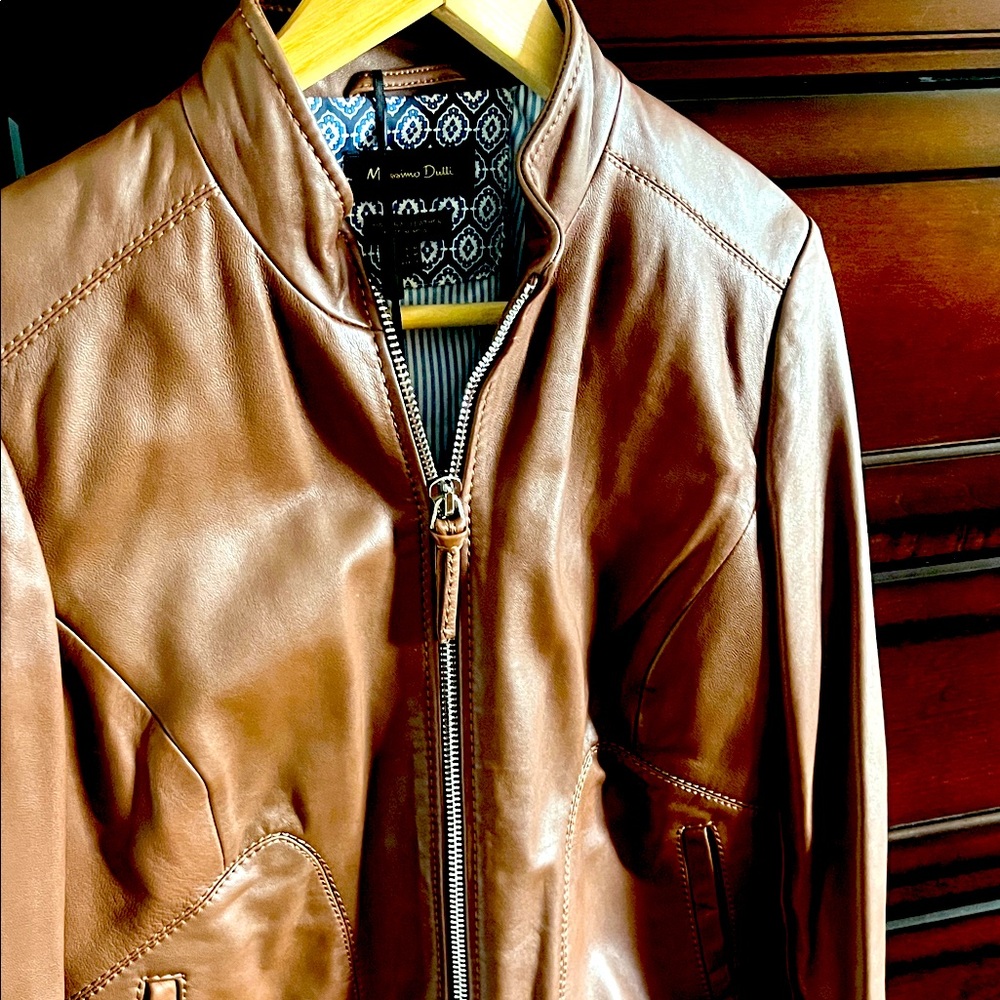 Massimo Dutti Brown Leather Bomber Jacket